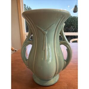 Vintage MCCOY  Pottery Double Handled Vase Green 8 inches